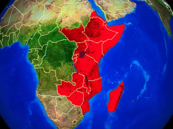 Doğu Afrika uzaydan dünya gezegeninin modelinde ülke sınırları ve çok detaylı gezegen yüzeyi ile. 3d illüstrasyon. Nasa tarafından döşenmiş bu görüntünün elemanları.