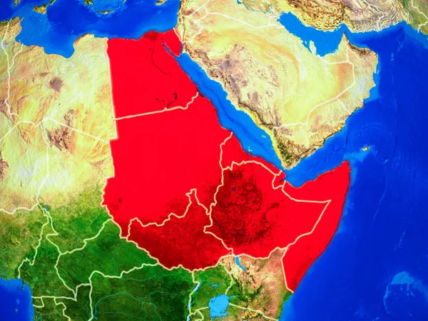 Северо Восточная Африка Космоса Модели Планеты Земля Страновыми Границами Подробной — стоковое фото