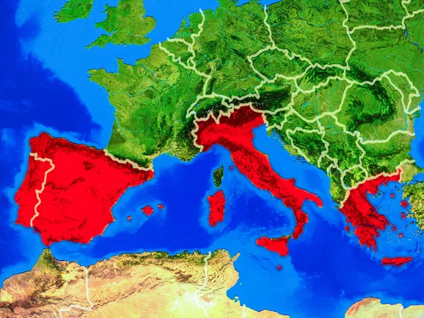 Южная Европа Космоса Модели Планеты Земля Границами Страны Подробной Поверхностью — стоковое фото