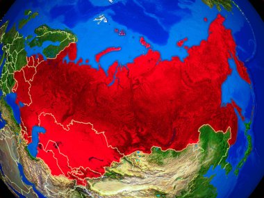 Ülke sınırları ve çok ayrıntılı gezegen yüzeyi ile dünya gezegeninin modeli uzaydan eski Sovyetler Birliği. 3d illüstrasyon. Nasa tarafından döşenmiş bu görüntünün elemanları.