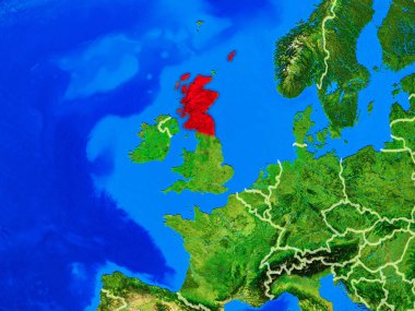 İskoçya uzaydan ülke sınırları ve çok detaylı gezegen yüzeyi ile Dünya gezegeninin modeli üzerinde. 3d illüstrasyon. Nasa tarafından döşenmiş bu görüntünün elemanları.