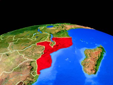 Mozambik ülke sınırları ve çok ayrıntılı gezegen yüzeyi ile dünya gezegeninin modeli üzerinde. 3d illüstrasyon. Nasa tarafından döşenmiş bu görüntünün elemanları.
