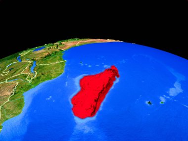 Madagaskar ülke sınırları ve çok ayrıntılı gezegen yüzeyi ile Dünya gezegeninin modeli üzerinde. 3d illüstrasyon. Nasa tarafından döşenmiş bu görüntünün elemanları.
