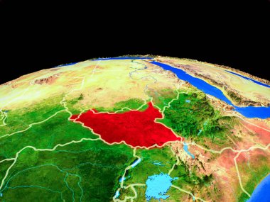 Güney Sudan ülke sınırları ve çok ayrıntılı gezegen yüzeyi ile dünya gezegeninin modeli üzerinde. 3d illüstrasyon. Nasa tarafından döşenmiş bu görüntünün elemanları.