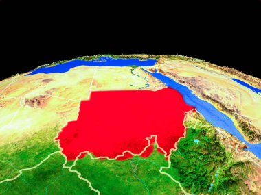 Sudan ülke sınırları ve çok ayrıntılı gezegen yüzeyi ile dünya gezegeninin modeli üzerinde. 3d illüstrasyon. Nasa tarafından döşenmiş bu görüntünün elemanları.