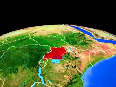 Uganda ülke sınırları ve çok ayrıntılı gezegen yüzeyi ile dünya gezegeninin modeli üzerinde. 3d illüstrasyon. Nasa tarafından döşenmiş bu görüntünün elemanları.