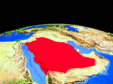 Suudi Arabistan ülke sınırları ve çok ayrıntılı gezegen yüzeyi ile dünya gezegeni modeli üzerinde. 3d illüstrasyon. Nasa tarafından döşenmiş bu görüntünün elemanları.