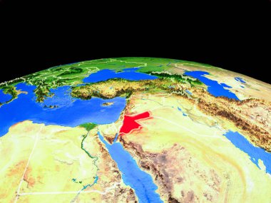 Ürdün ülke sınırları ve çok ayrıntılı gezegen yüzeyi ile dünya gezegeninin modeli üzerinde. 3d illüstrasyon. Nasa tarafından döşenmiş bu görüntünün elemanları.