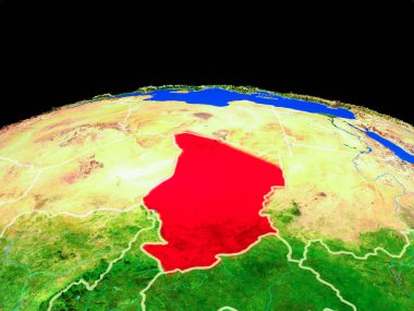 Çad ülke sınırları ve çok ayrıntılı gezegen yüzeyi ile dünya gezegeninin modeli üzerinde. 3d illüstrasyon. Nasa tarafından döşenmiş bu görüntünün elemanları.