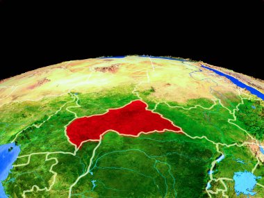 Orta Afrika ülke sınırları ve çok ayrıntılı gezegen yüzeyi ile dünya gezegeninin modeli üzerinde. 3d illüstrasyon. Nasa tarafından döşenmiş bu görüntünün elemanları.