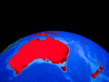 Avustralya ülke sınırları ve çok ayrıntılı gezegen yüzeyi ile dünya gezegeninin modeli üzerinde. 3d illüstrasyon. Nasa tarafından döşenmiş bu görüntünün elemanları.