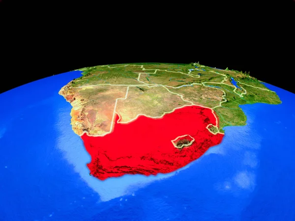 South Africa on model of planet Earth with country borders and very detailed planet surface. 3D illustration. Elements of this image furnished by NASA.