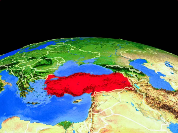 Turkey on model of planet Earth with country borders and very detailed planet surface. 3D illustration. Elements of this image furnished by NASA.