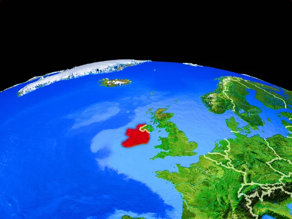 Ireland on model of planet Earth with country borders and very detailed planet surface. 3D illustration. Elements of this image furnished by NASA.