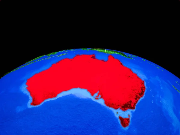 Australia on model of planet Earth with country borders and very detailed planet surface. 3D illustration. Elements of this image furnished by NASA.