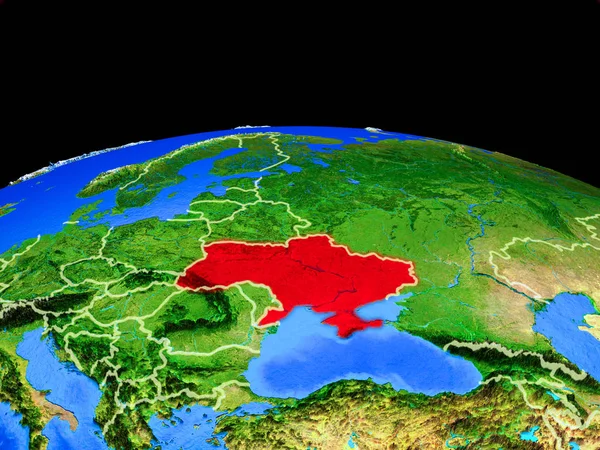 乌克兰的行星模型与国家边界和非常详细的行星表面 这张图片的元素由美国宇航局提供 — 图库照片