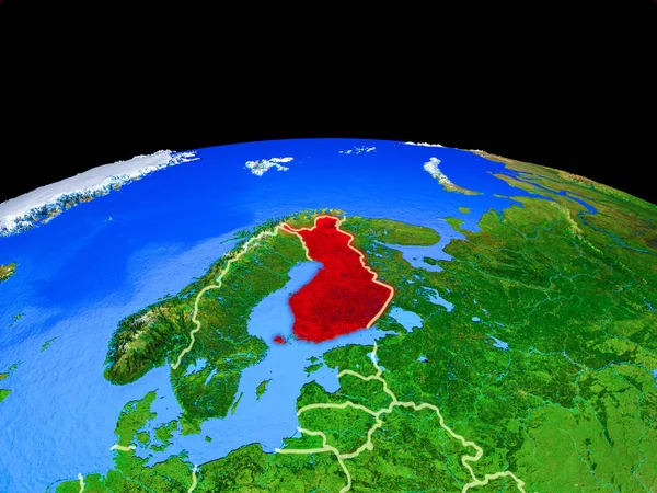 芬兰的行星模型与国家边界和非常详细的行星表面 这张图片的元素由美国宇航局提供 — 图库照片