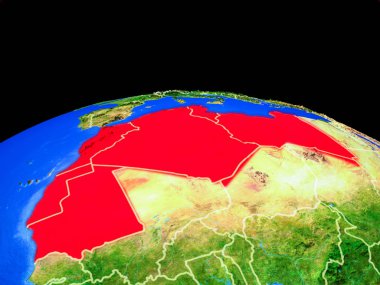 Ülke sınırları ve çok ayrıntılı gezegen yüzeyi ile Dünya gezegeninin modeli üzerinde Mağrip bölgesi. 3d illüstrasyon. Nasa tarafından döşenmiş bu görüntünün elemanları.