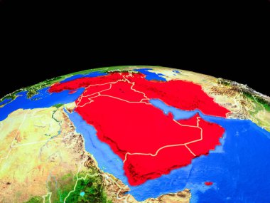 Batı Asya, Dünya 'nın ülke sınırları ve çok detaylı gezegen yüzeyi modeline sahip. 3 boyutlu illüstrasyon. Bu görüntünün elementleri Nasa tarafından döşenmiştir.