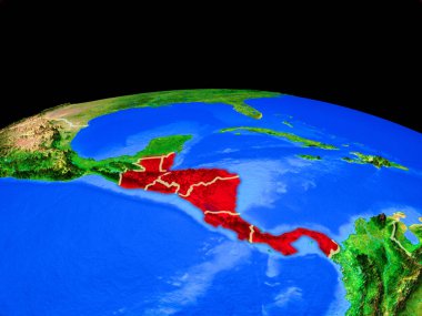 Orta Amerika ülke sınırları ve çok ayrıntılı gezegen yüzeyi ile dünya gezegeninin modeli üzerinde. 3d illüstrasyon. Nasa tarafından döşenmiş bu görüntünün elemanları.