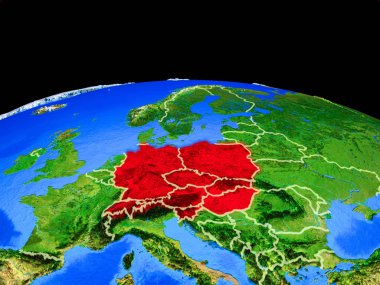 Orta Avrupa ülke sınırları ve çok ayrıntılı gezegen yüzeyi ile dünya gezegeni modeli üzerinde. 3d illüstrasyon. Nasa tarafından döşenmiş bu görüntünün elemanları.