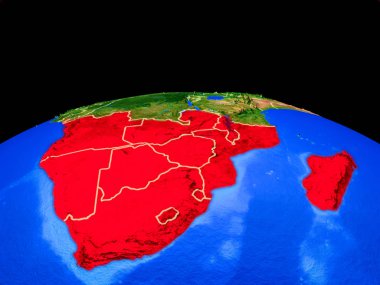 Güney Afrika ülke sınırları ve çok ayrıntılı gezegen yüzeyi ile dünya gezegeninin modeli üzerinde. 3d illüstrasyon. Nasa tarafından döşenmiş bu görüntünün elemanları.