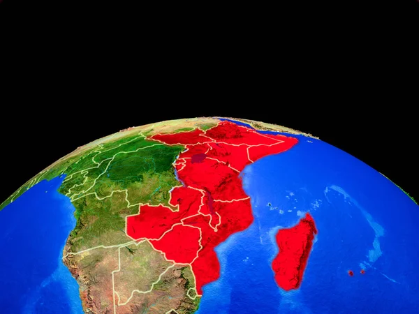 East Africa on model of planet Earth with country borders and very detailed planet surface. 3D illustration. Elements of this image furnished by NASA.