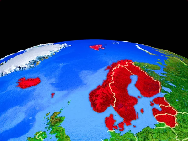 Europa Północna Modelu Planety Ziemia Granicami Kraju Bardzo Szczegółowej Powierzchni — Zdjęcie stockowe