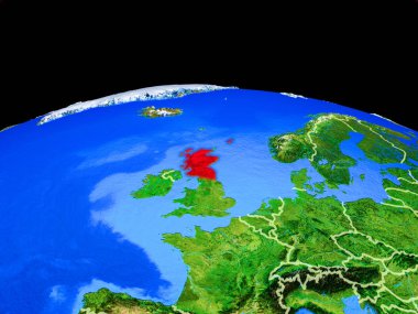 İskoçya ülke sınırları ve çok ayrıntılı gezegen yüzeyi ile dünya gezegeninin modeli üzerinde. 3d illüstrasyon. Nasa tarafından döşenmiş bu görüntünün elemanları.