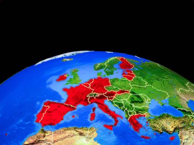 Ülke sınırları ve çok ayrıntılı gezegen yüzeyi ile Dünya gezegeninin model üzerinde Eurozone üye devletler. 3d illüstrasyon. Nasa tarafından döşenmiş bu görüntünün elemanları.
