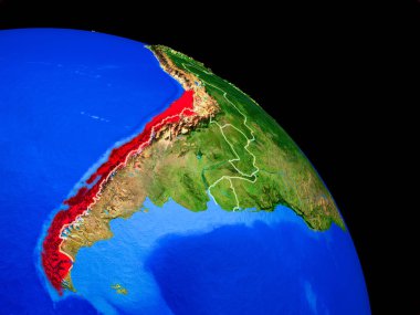 Şili ülke sınırları ile uzaydan Dünya gezegeninde. Gezegen yüzeyinin çok ince detayları. 3d illüstrasyon. Nasa tarafından döşenmiş bu görüntünün elemanları.