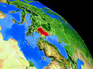 Bulgaristan ülke sınırları ile uzaydan Dünya gezegeninde. Gezegen yüzeyinin çok ince detayları. 3d illüstrasyon. Nasa tarafından döşenmiş bu görüntünün elemanları.