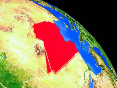 Libya ülke sınırları ile uzaydan Dünya gezegeninde. Gezegen yüzeyinin çok ince detayları. 3d illüstrasyon. Nasa tarafından döşenmiş bu görüntünün elemanları.