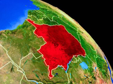 Dem Rep Kongo ülke sınırları ile uzaydan Dünya gezegeninde. Gezegen yüzeyinin çok ince detayları. 3d illüstrasyon. Nasa tarafından döşenmiş bu görüntünün elemanları.