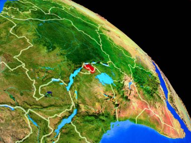 Ruanda'da dünya gezegeninde ülke sınırları olan uzaydan. Gezegen yüzeyinin çok ince detayları. 3d illüstrasyon. Nasa tarafından döşenmiş bu görüntünün elemanları.