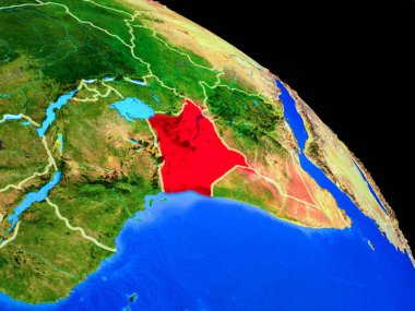 Kenya ülke sınırları ile uzaydan Dünya gezegeninde. Gezegen yüzeyinin çok ince detayları. 3d illüstrasyon. Nasa tarafından döşenmiş bu görüntünün elemanları.