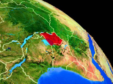 Uganda ülke sınırları ile uzaydan Dünya gezegeninde. Gezegen yüzeyinin çok ince detayları. 3d illüstrasyon. Nasa tarafından döşenmiş bu görüntünün elemanları.