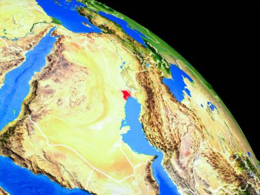 Kuveyt ülke sınırları ile uzaydan Dünya gezegeninde. Gezegen yüzeyinin çok ince detayları. 3d illüstrasyon. Nasa tarafından döşenmiş bu görüntünün elemanları.