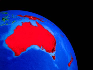 Avustralya, ülke sınırları olan uzaydan Dünya gezegeninde. Gezegen yüzeyinin çok ince detayları. 3d illüstrasyon. Nasa tarafından döşenmiş bu görüntünün elemanları.