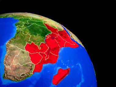 Doğu Afrika ülke sınırları ile uzaydan Dünya gezegeninde. Gezegen yüzeyinin çok ince detayları. 3d illüstrasyon. Nasa tarafından döşenmiş bu görüntünün elemanları.