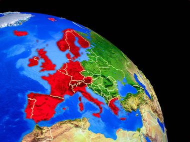 Dünya 'daki Batı Avrupa ülke sınırları olan uzaydan. Gezegen yüzeyinin çok ince ayrıntıları. 3 boyutlu illüstrasyon. Bu görüntünün elementleri Nasa tarafından döşenmiştir.