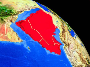 Ülke sınırları ile uzaydan Dünya gezegeninde Arabistan. Gezegen yüzeyinin çok ince detayları. 3d illüstrasyon. Nasa tarafından döşenmiş bu görüntünün elemanları.