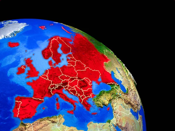 Europe on planet Earth from space with country borders. Very fine detail of planet surface. 3D illustration. Elements of this image furnished by NASA.