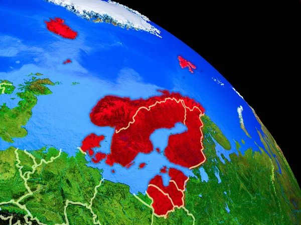 北欧地球上的地球从太空与国家边界 行星表面非常精细的细节 这张图片的元素由美国宇航局提供 — 图库照片