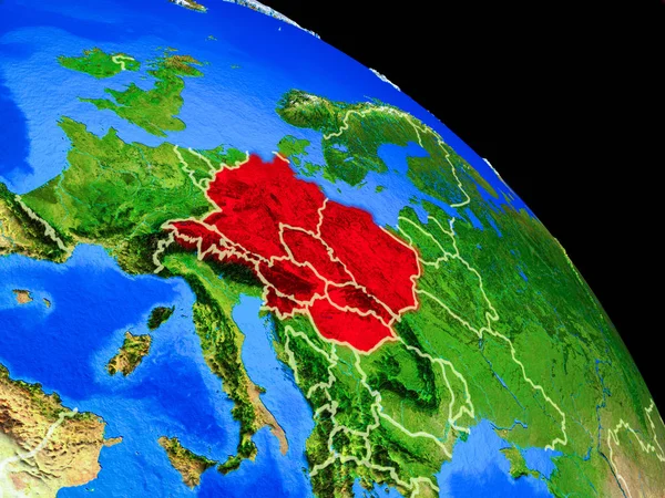 Central Europe on planet Earth from space with country borders. Very fine detail of planet surface. 3D illustration. Elements of this image furnished by NASA.