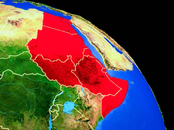Northeast Africa on planet Earth from space with country borders. Very fine detail of planet surface. 3D illustration. Elements of this image furnished by NASA.