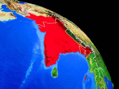 Ülke sınırları ile uzaydan Dünya gezegeninde İngiliz Hindistan. Gezegen yüzeyinin çok ince detayları. 3d illüstrasyon. Nasa tarafından döşenmiş bu görüntünün elemanları.