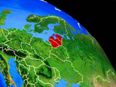 Ülke sınırları ile uzaydan Dünya gezegeninde Baltık Devletleri. Gezegen yüzeyinin çok ince detayları. 3d illüstrasyon. Nasa tarafından döşenmiş bu görüntünün elemanları.