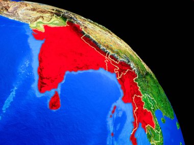 Ülke sınırları ile uzaydan Dünya gezegeninde Bimstec üye devletler. Gezegen yüzeyinin çok ince detayları. 3d illüstrasyon. Nasa tarafından döşenmiş bu görüntünün elemanları.