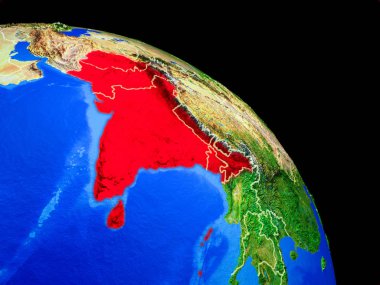 Ülke sınırları ile uzaydan Dünya gezegeninde Saarc üye devletler. Gezegen yüzeyinin çok ince detayları. 3d illüstrasyon. Nasa tarafından döşenmiş bu görüntünün elemanları.